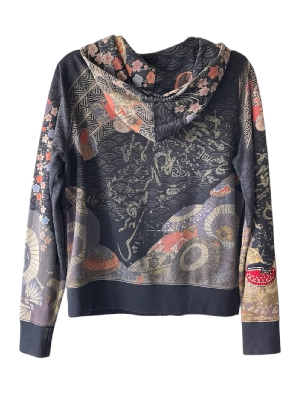 Rare: Y2K Lucky Brand ☂︎︎ Geisha Parasol Embroidery Zipper Hoodie ☂︎︎ Navy ☂︎︎ L - Picture 5 of 16